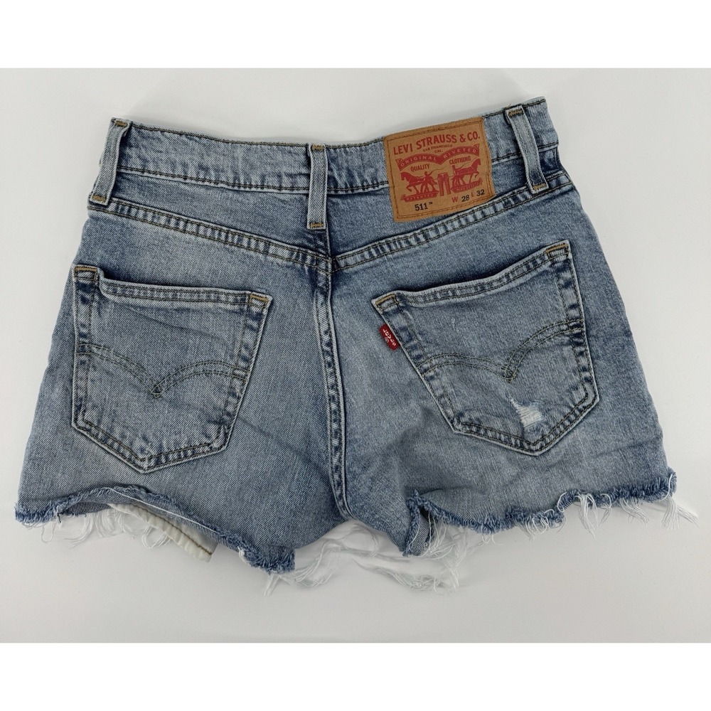 Levi's 511 Women's High Rise Cut Off Blue Denim Shorts Slim Distressed Size 28W